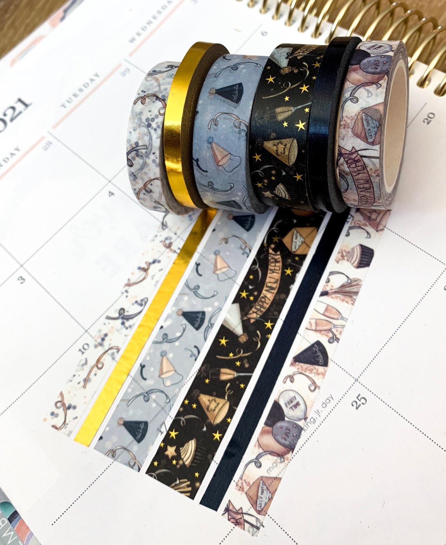 FOILED New Years Eve NYE Black & Gold Anniversary Washi Tape Set (#W004)