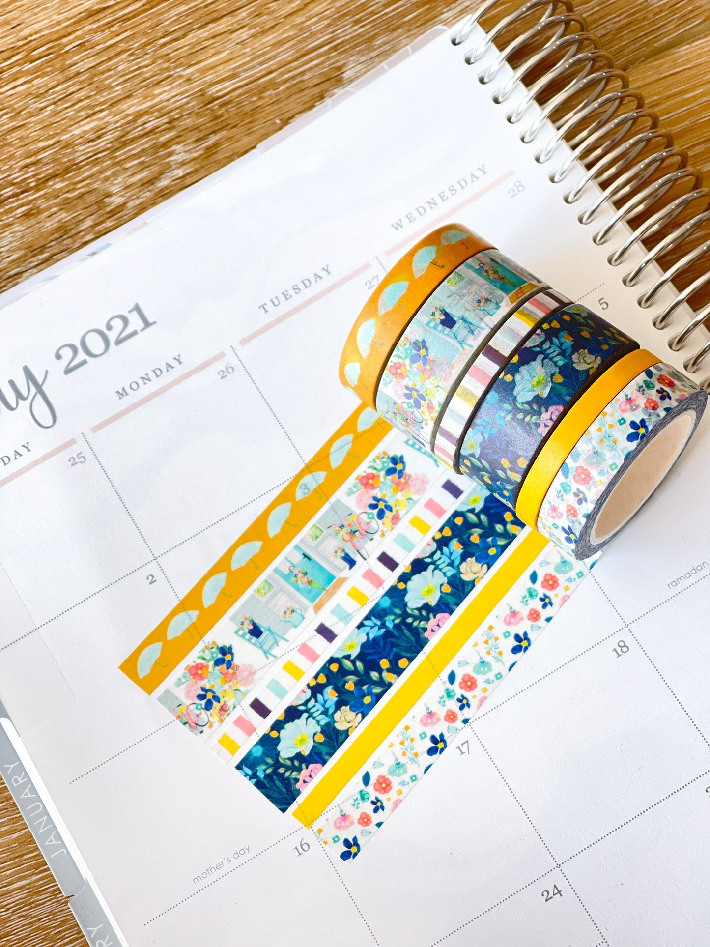 Spring Floral Yellow & Navy Blue Rain & Umbrellas Flowers Washi Tape Set (#W021)