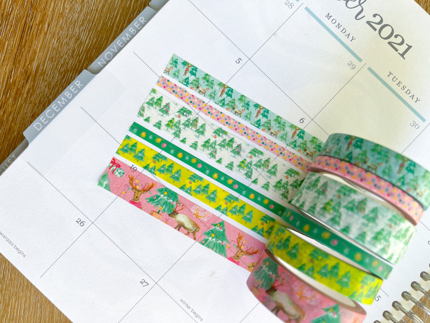 Christmas Washi Deer Reindeer Bright Pink & Green Lights Holiday Washi Tape Set (#W037)