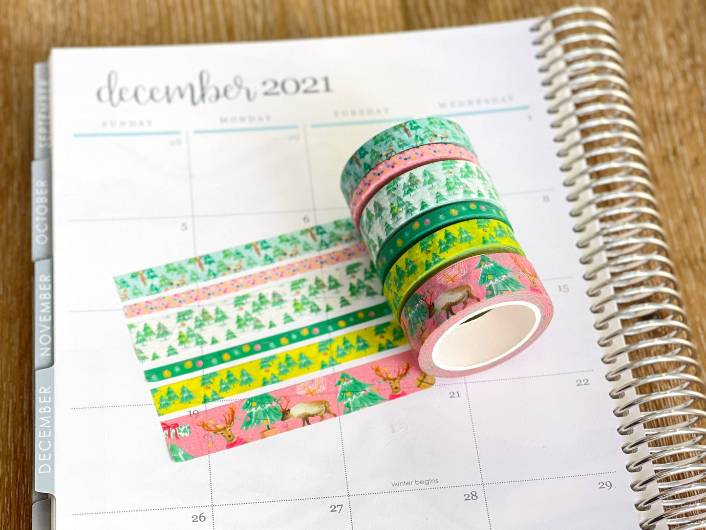 Christmas Washi Deer Reindeer Bright Pink & Green Lights Holiday Washi Tape Set (#W037)