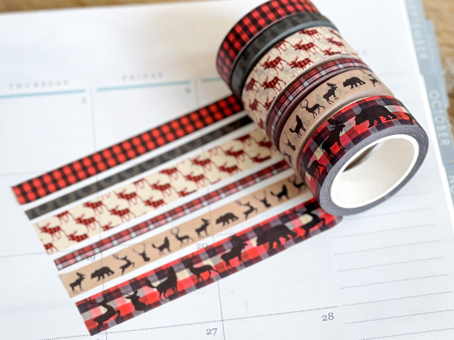 Christmas Buffalo Plaid Deer Holiday Red & Black Washi Tape Set (#W038)
