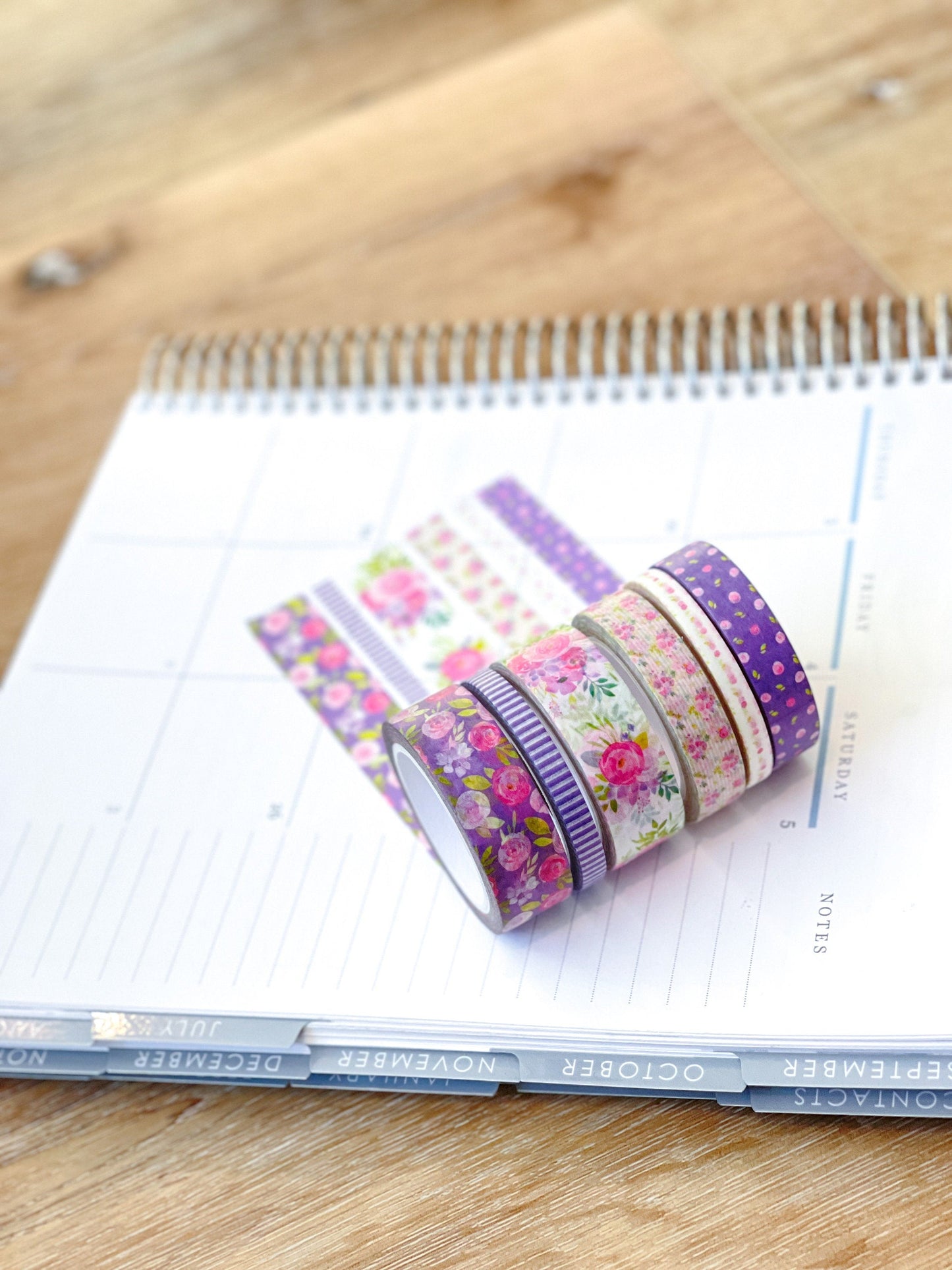 Purple Flowers & Stripes Spring Floral Washi Tape Set (#W046)