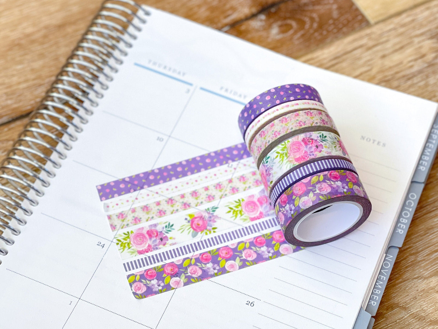 Purple Flowers & Stripes Spring Floral Washi Tape Set (#W046)