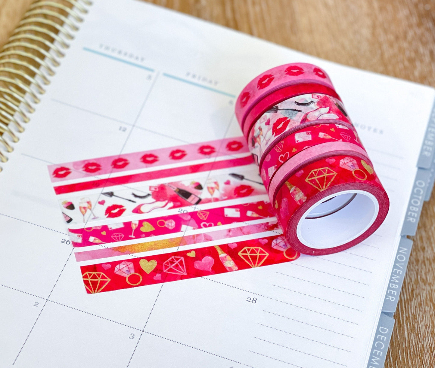 Valentine's Day Red & Pink Lips Hearts Date Night Anniversary Washi Tape Set (#W047)