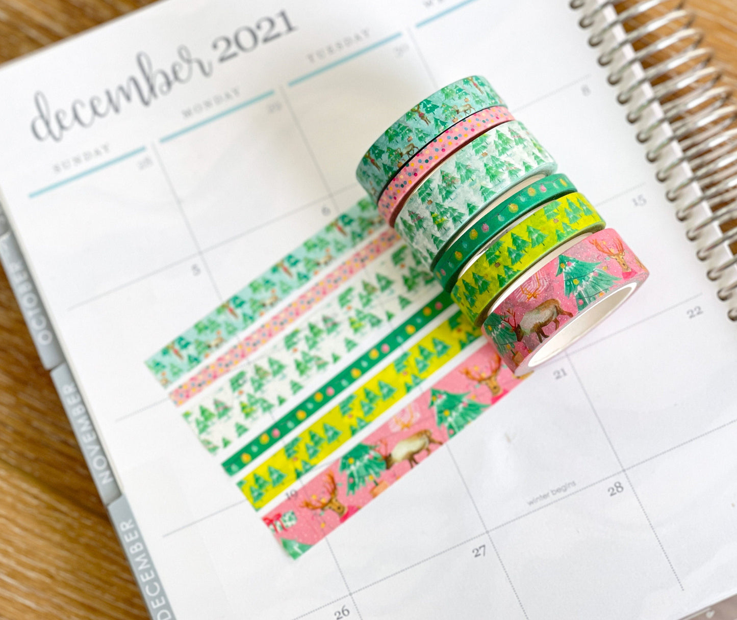 Christmas Washi Deer Reindeer Bright Pink & Green Lights Holiday Washi Tape Set (#W037)