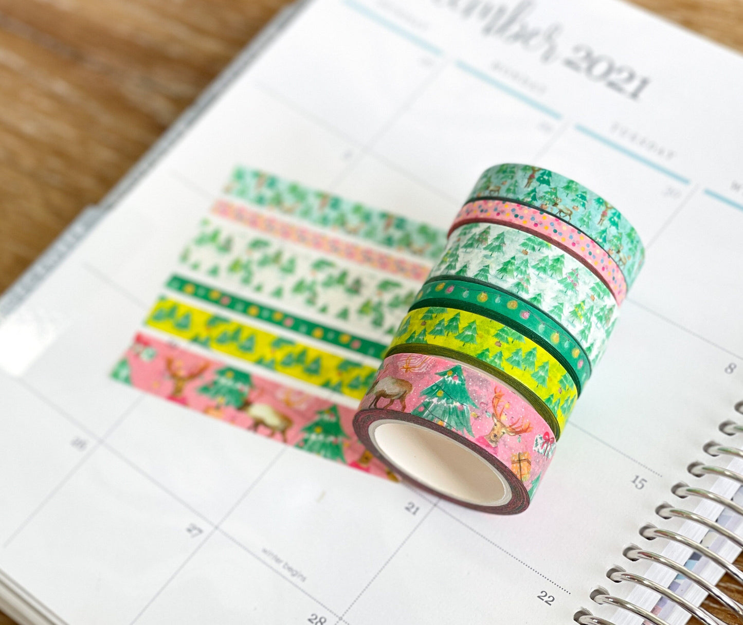 Christmas Washi Deer Reindeer Bright Pink & Green Lights Holiday Washi Tape Set (#W037)