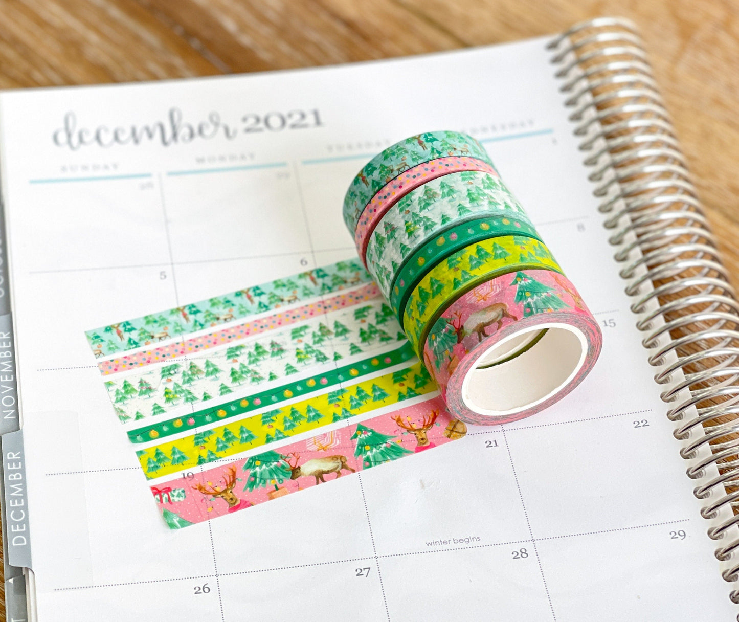 Christmas Washi Deer Reindeer Bright Pink & Green Lights Holiday Washi Tape Set (#W037)