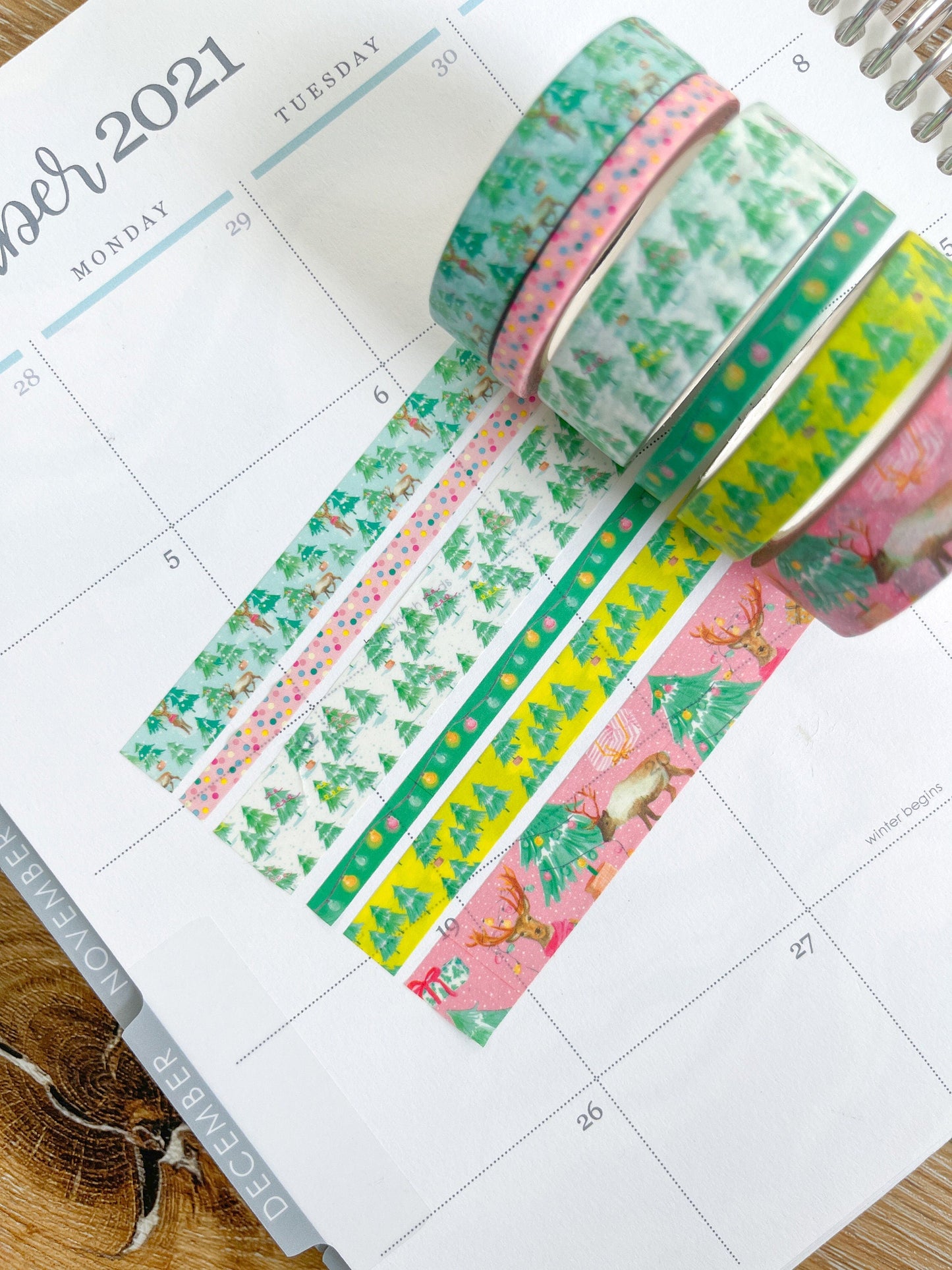 Christmas Washi Deer Reindeer Bright Pink & Green Lights Holiday Washi Tape Set (#W037)