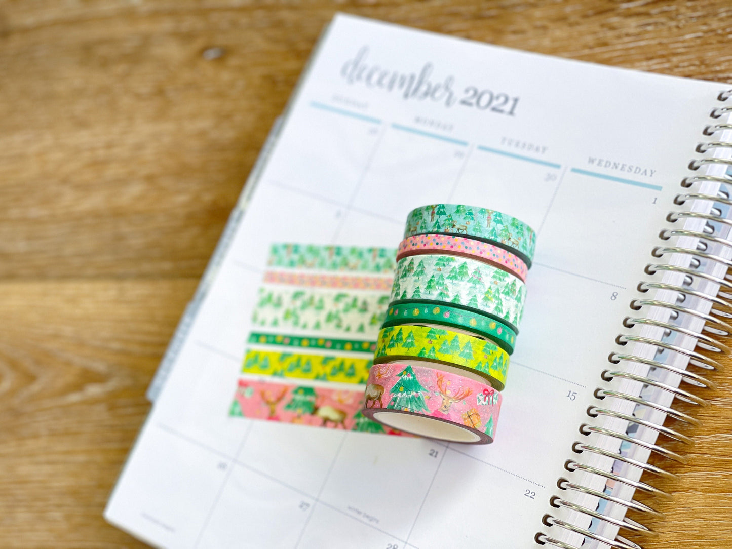 Christmas Washi Deer Reindeer Bright Pink & Green Lights Holiday Washi Tape Set (#W037)