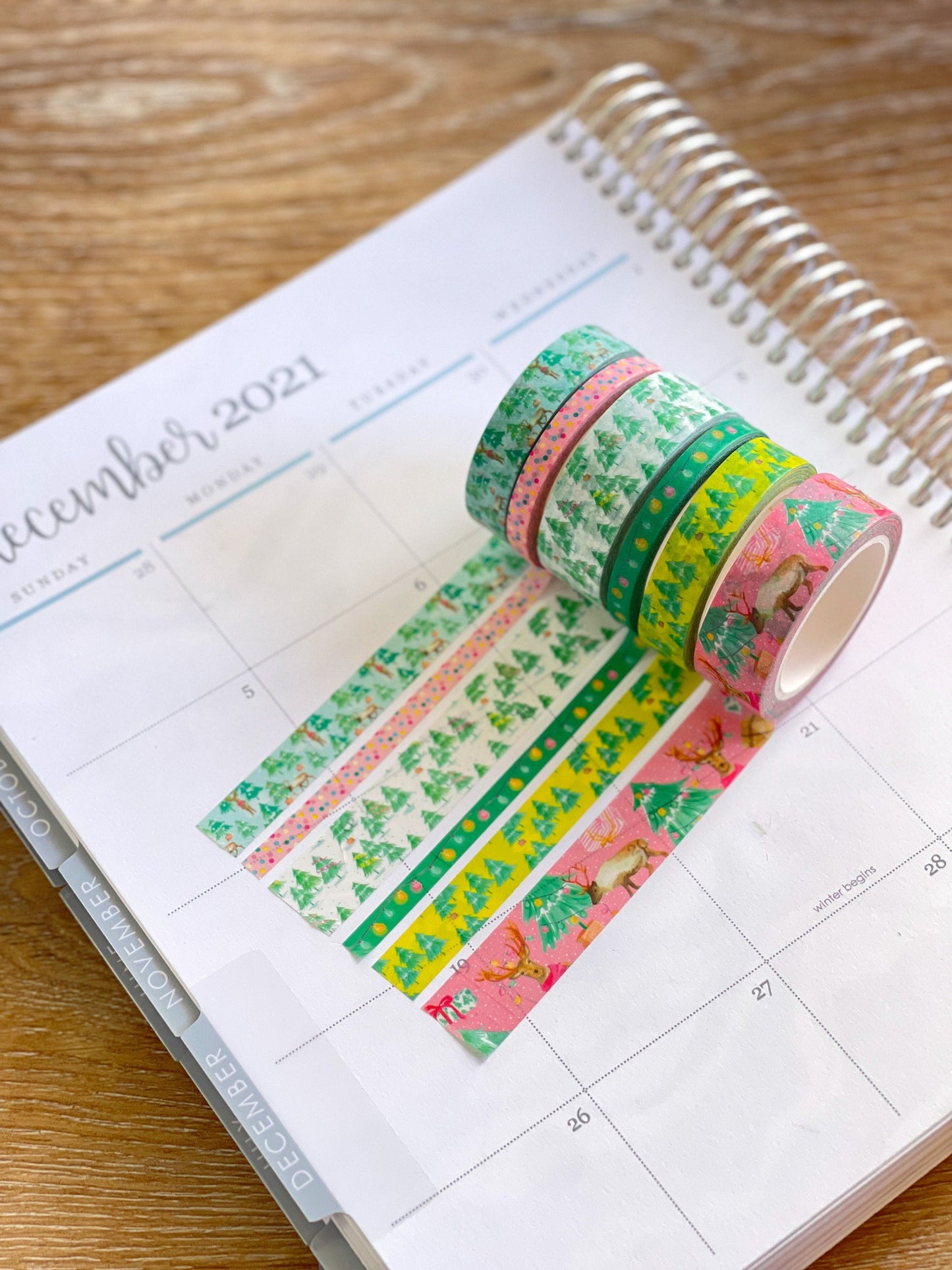 Christmas Washi Deer Reindeer Bright Pink & Green Lights Holiday Washi Tape Set (#W037)