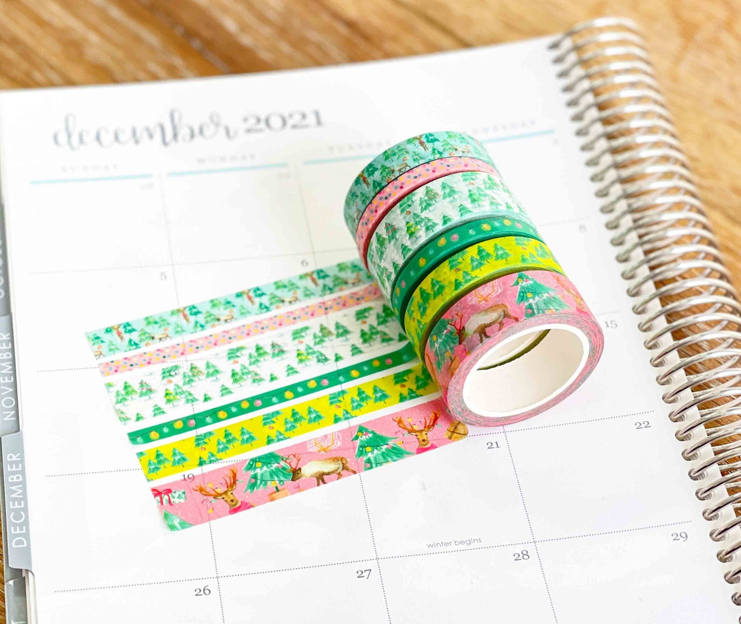 Christmas Washi Deer Reindeer Bright Pink & Green Lights Holiday Washi Tape Set (#W037)