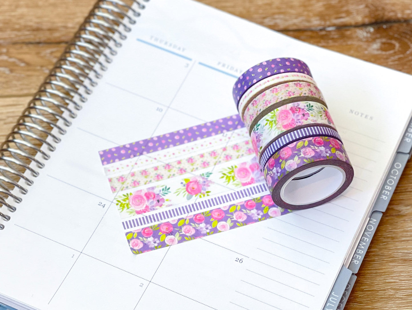 Purple Flowers & Stripes Spring Floral Washi Tape Set (#W046)