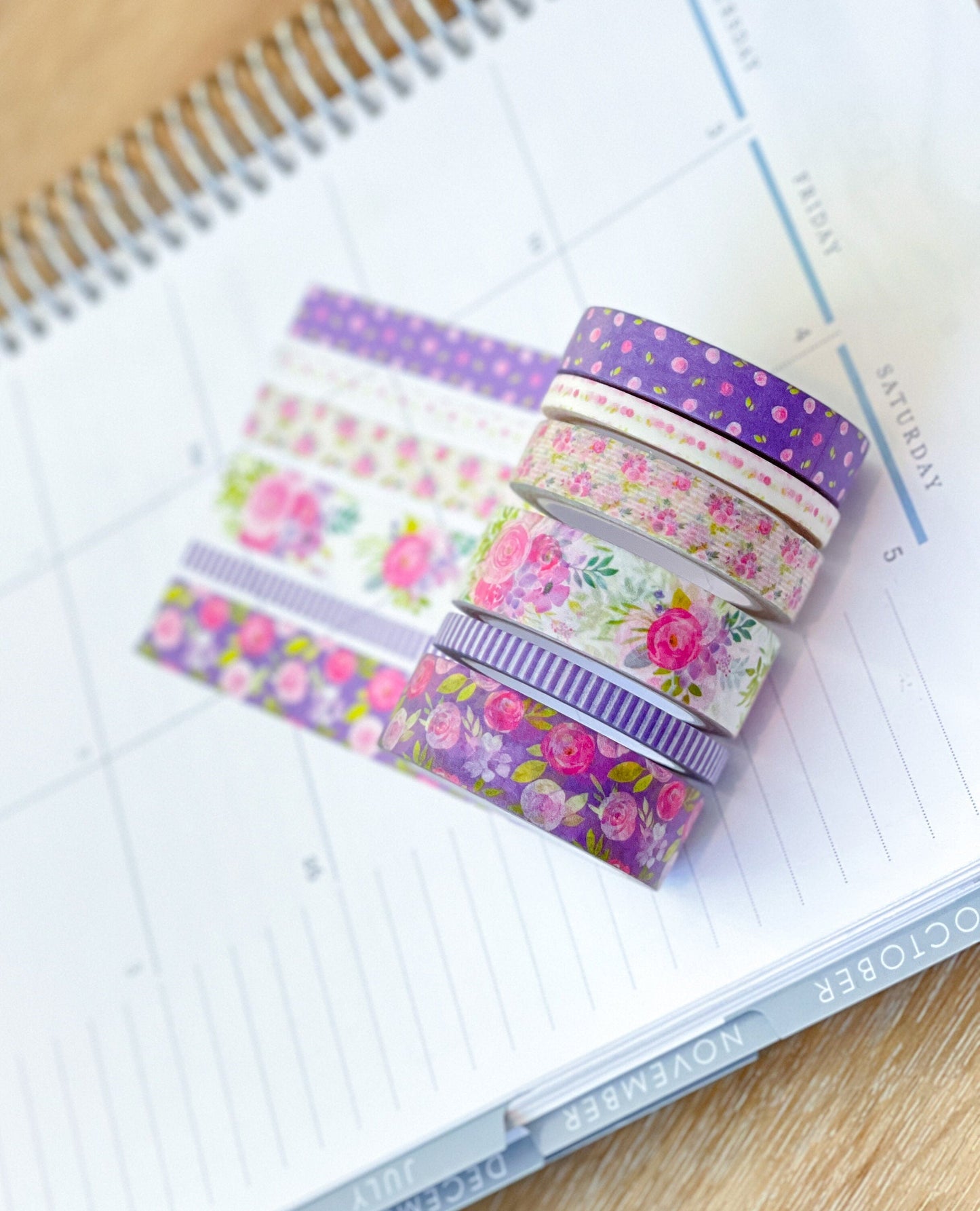 Purple Flowers & Stripes Spring Floral Washi Tape Set (#W046)