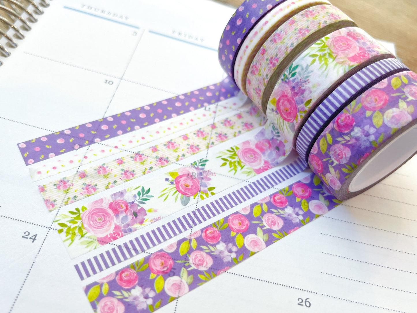 Purple Flowers & Stripes Spring Floral Washi Tape Set (#W046)