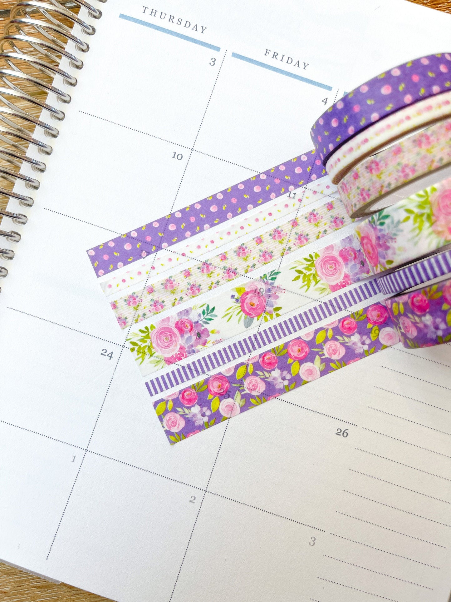 Purple Flowers & Stripes Spring Floral Washi Tape Set (#W046)