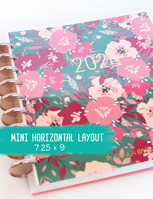 2025 Planner - Mini Horizontal Layout, Disc Bound - "Teal & Pink Floral" (#1005)