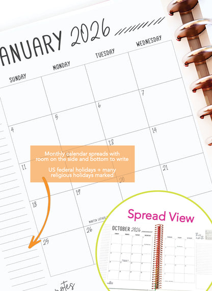 2026 Planner - Horizontal Layout, Disc Bound - "Whimsical" (#702)