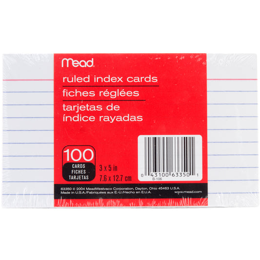 Mead Index Cards 3"X5" 100/Pkg-Ruled White