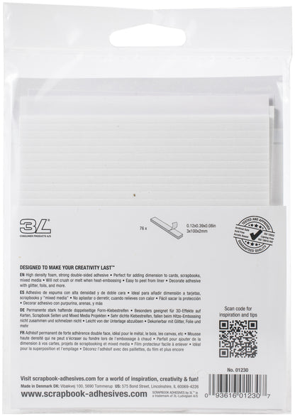 Scrapbook Adhesives 3D Foam Strips 76/Pkg-White, 0.12"X3.93"X0.08"