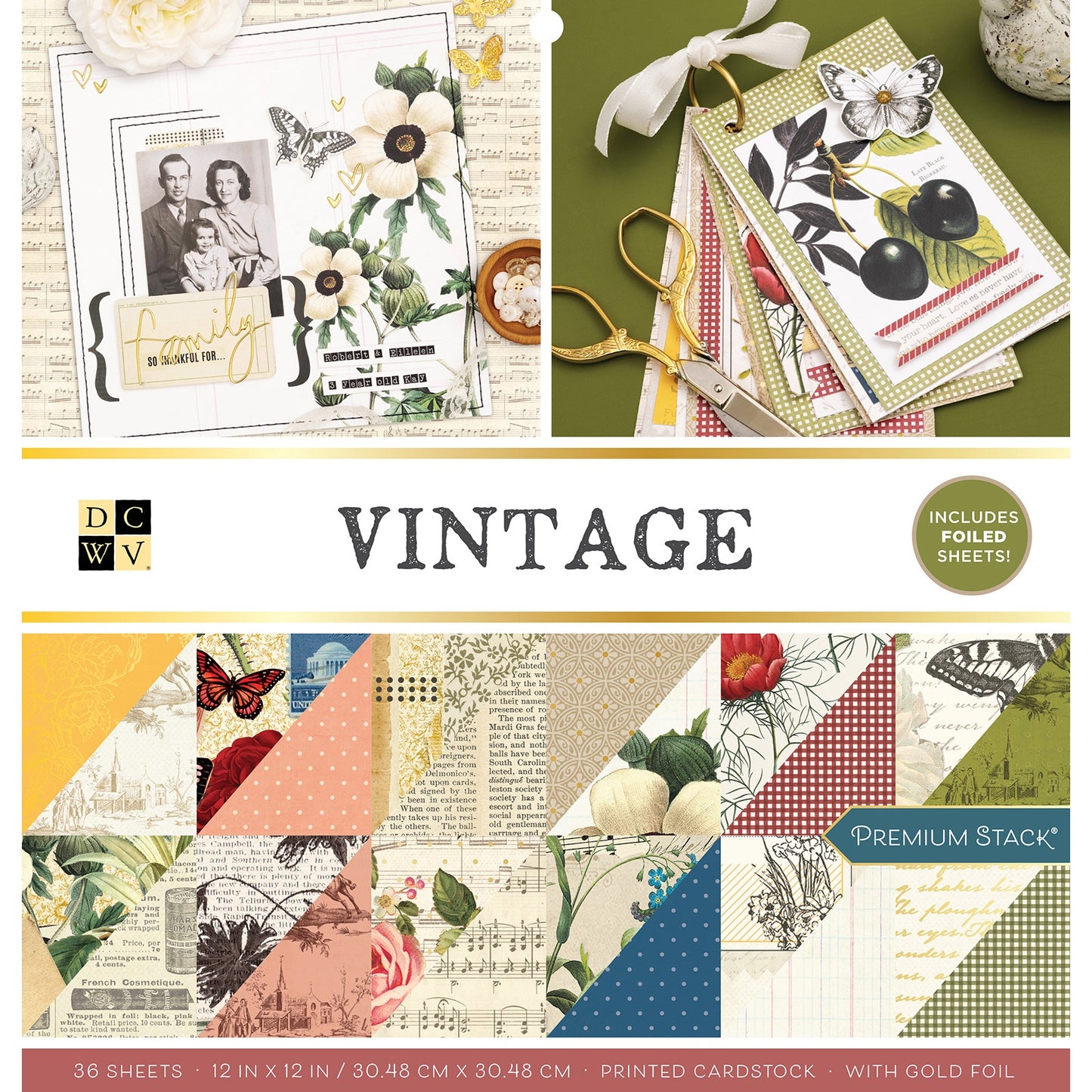 DCWV Double-Sided Cardstock Stack 12"X12" 36/Pkg-Vintage, W/Gold Foil