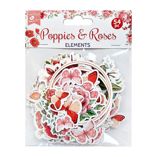 Little Birdie Ephemera Embellishment 52/Pkg-Poppies & Roses