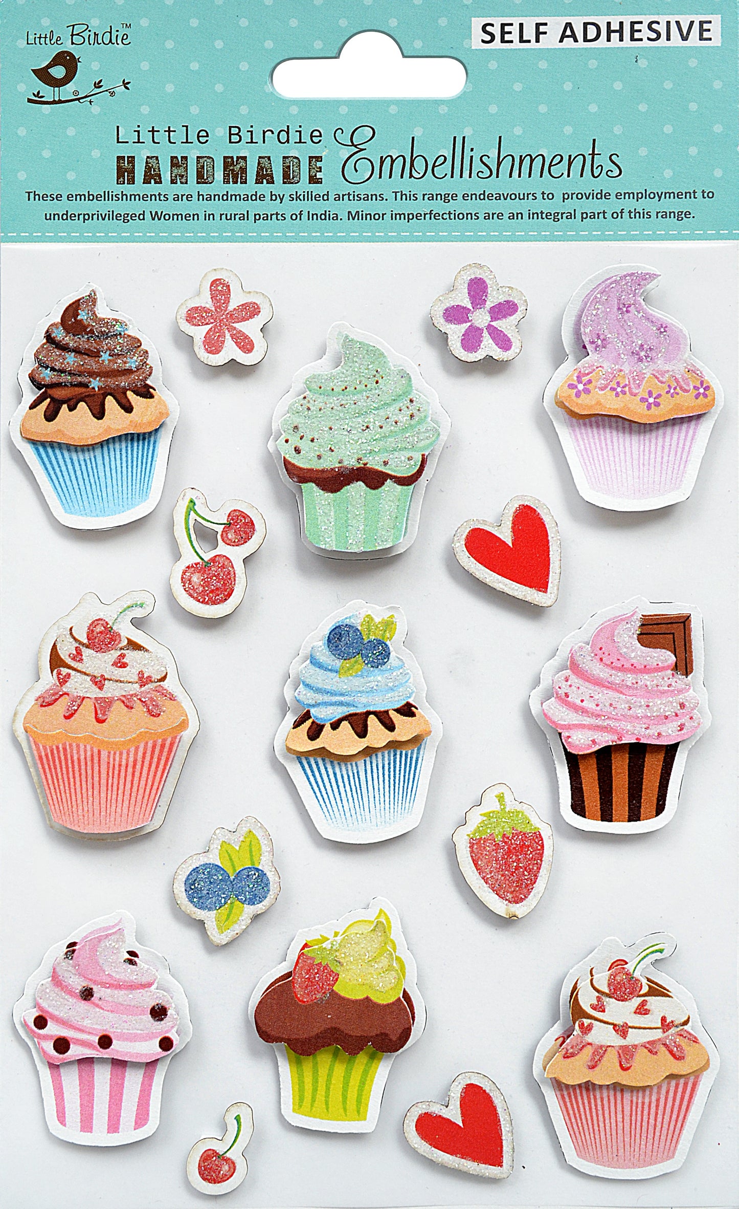 Little Birdie 3D Embellishment 17/Pkg-Cupcakes And Berries