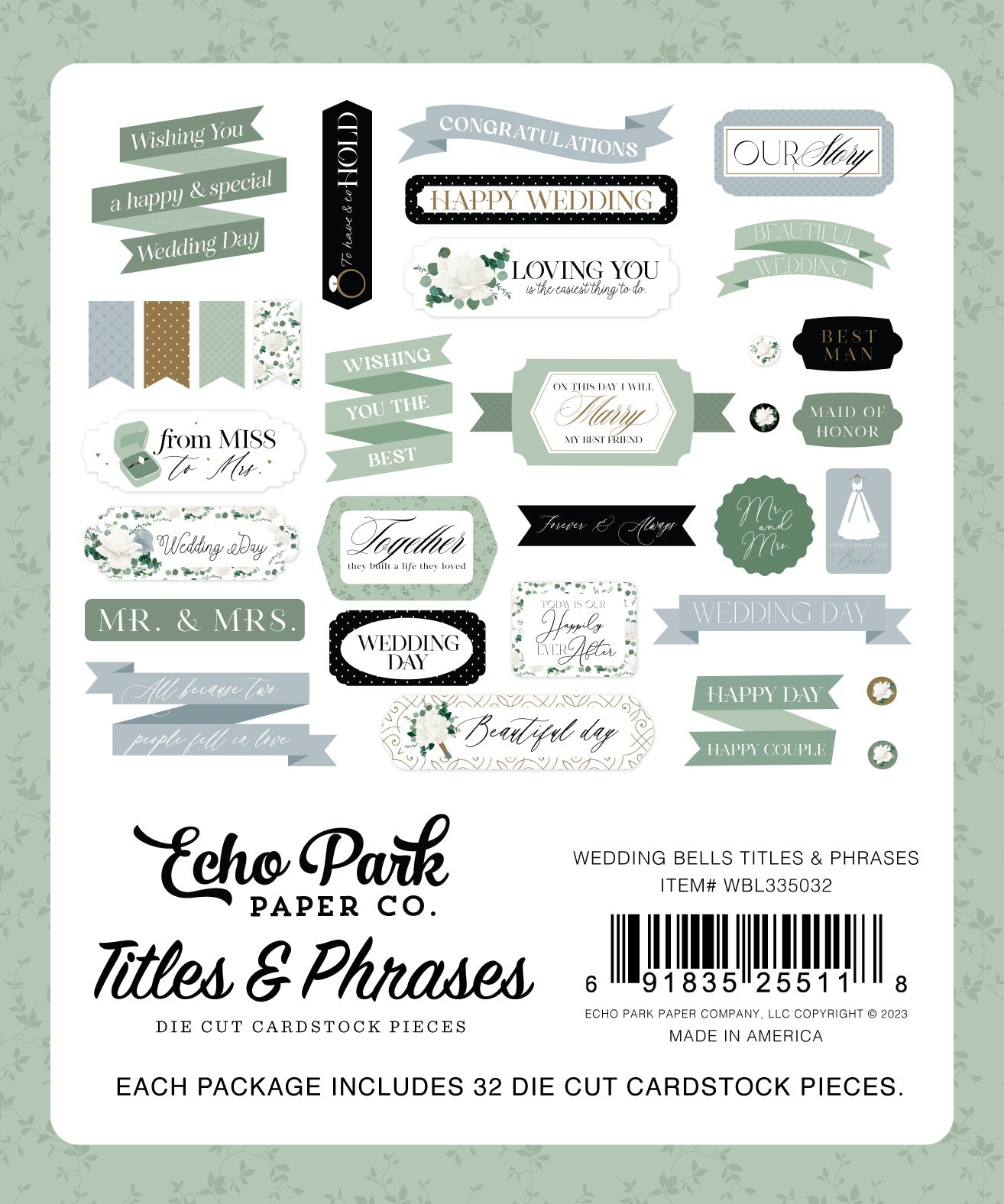 Echo Park Cardstock Ephemera-Titles & Phrases, Wedding Bells