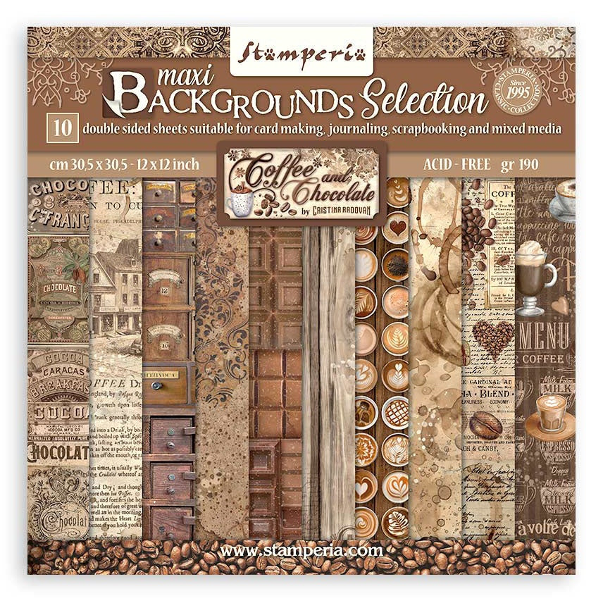 Stamperia Maxi Backgrounds Double-Sided Paper Pad 12"X12"-Coffee And Chocolate, 10 Designs/1 Each