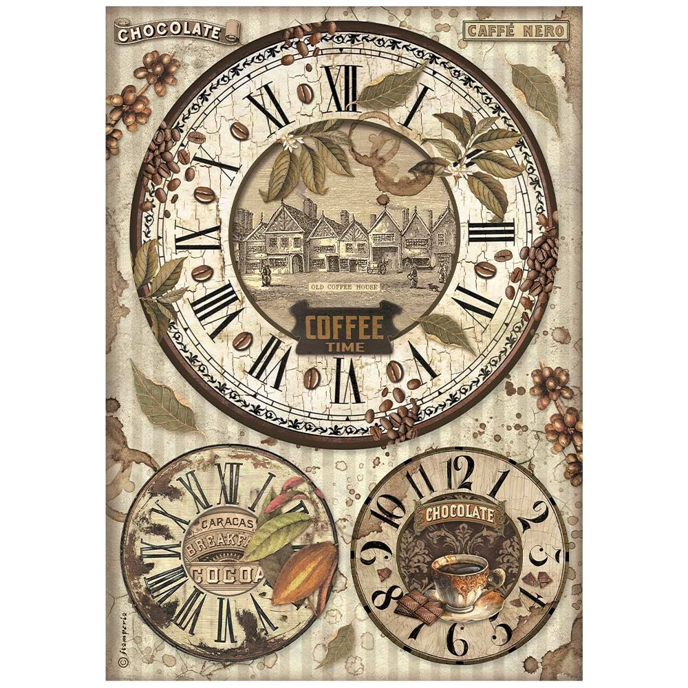 Stamperia Rice Paper Sheet A4-Coffee And Chocolate Clocks