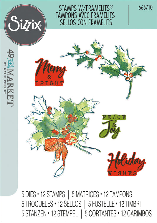 Sizzix A5 Clear Stamps With Framelits Die By 49 And Market-Pencil Line Holly