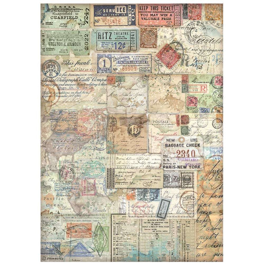 Stamperia Rice Paper Sheet A4-Art Of Travelling Tickets