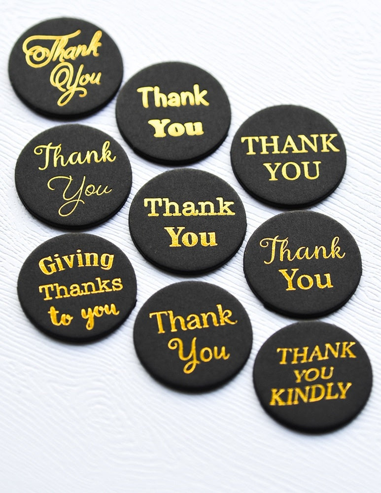 Memory Box Gold Foiled Greeting Tabs 36/Pkg-Thank You, Black Circle