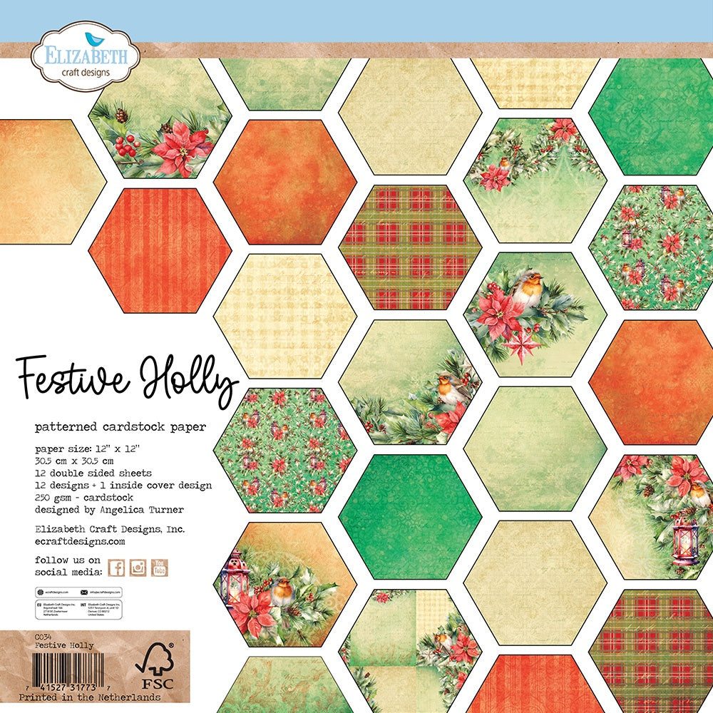 Elizabeth Crafts Double-Sided Cardstock Pack 12"X12"-Festive Holly