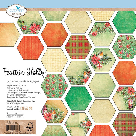 Elizabeth Crafts Double-Sided Cardstock Pack 12"X12"-Festive Holly