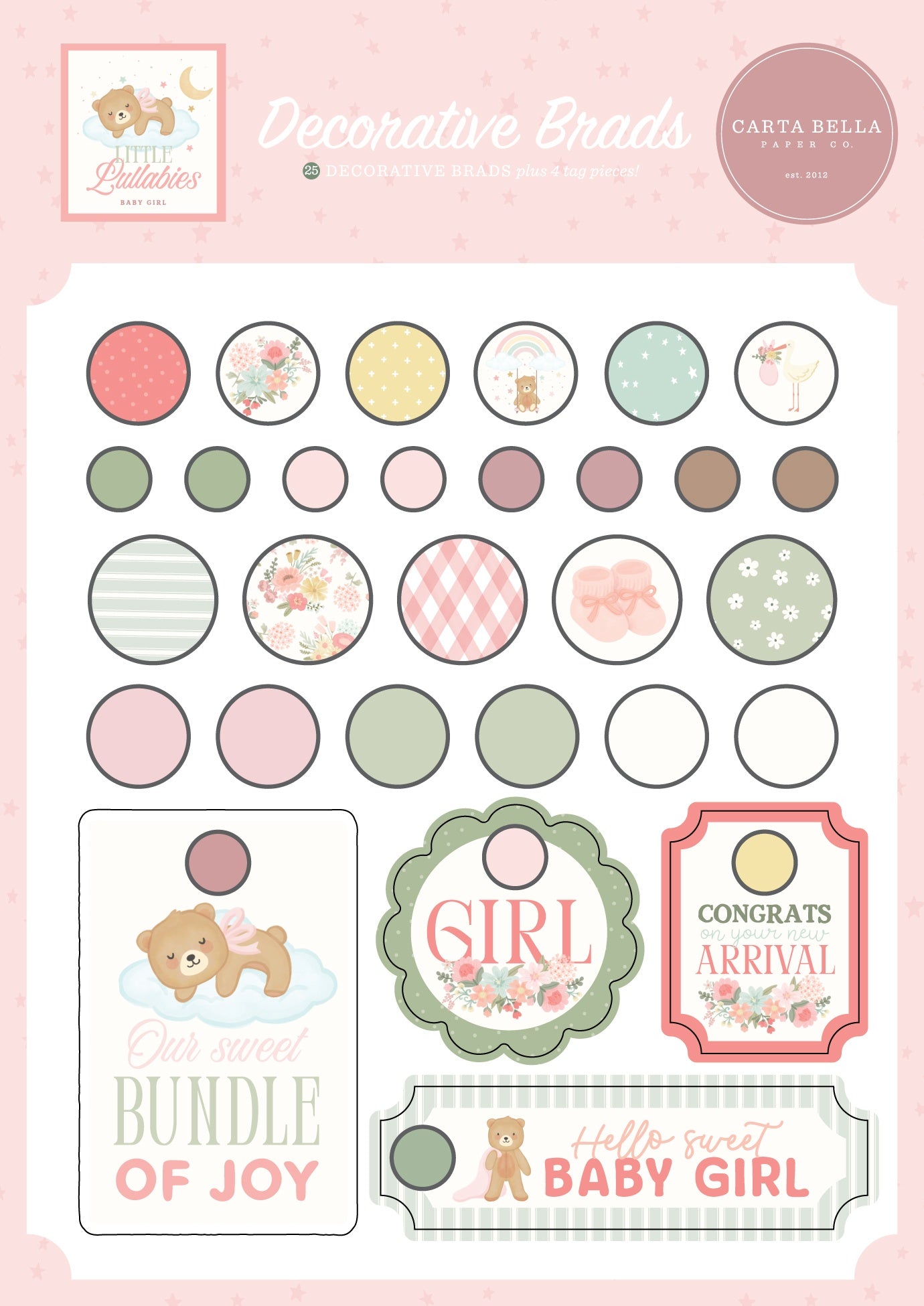 Carta Bella Decorative Brads-Little Lullabies Baby Girl