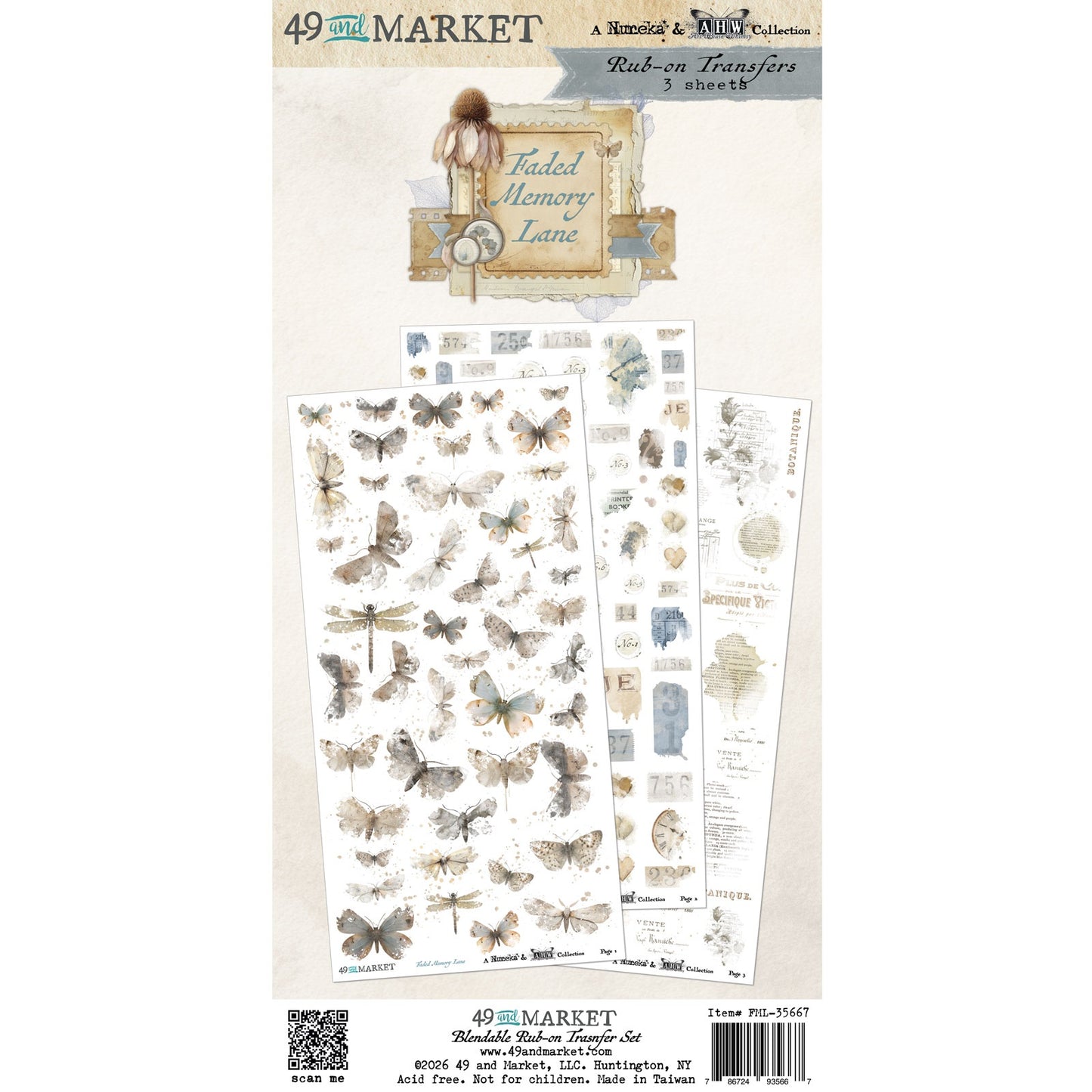49 and Market Blendable Rub-On Transfer Set 6"X12"-Faded Memory Lane