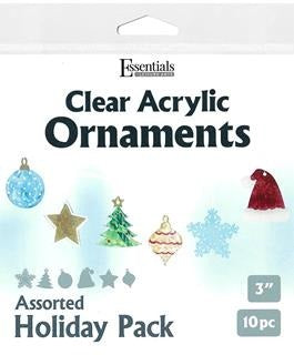 Clear Acrylic Ornaments Assorted Holiday 10pc