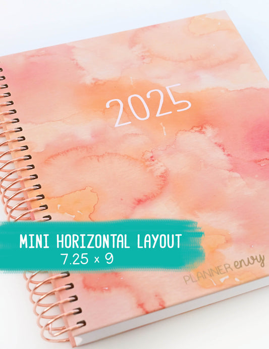 2025 Planner - Mini Horizontal Layout, Spiral Bound - "Sunset Watercolor" (#403)