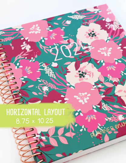 2025 Planner - Horizontal Layout, Spiral Bound - "Teal & Pink Floral" (#105)