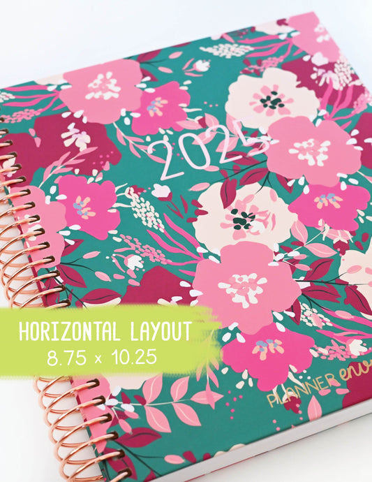 2025 Planner - Horizontal Layout, Spiral Bound - "Teal & Pink Floral" (#105)