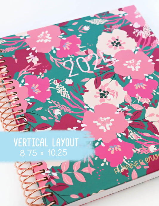 2025 Planner - Vertical Layout, Spiral Bound - "Teal & Pink Floral" (#305)