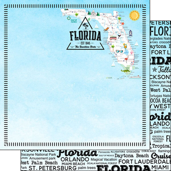 Florida Postage Map Double-Sided Scrapbook Paper 12 x 12in