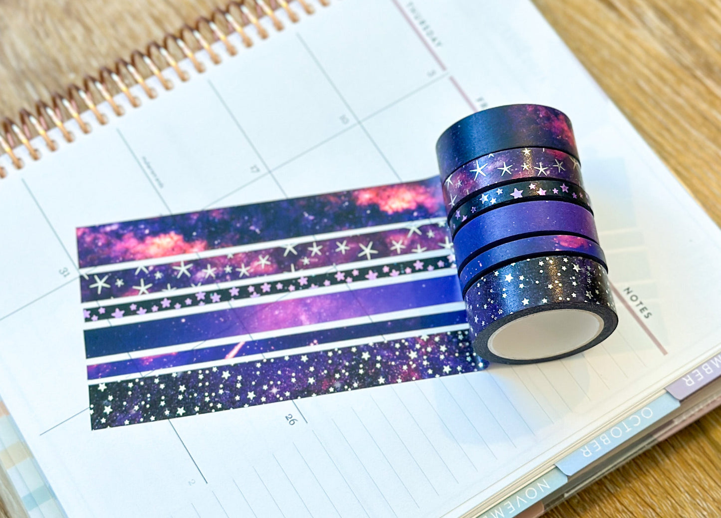FOILED Galaxy Space Purple & Black Stars Celestial Astrology Washi Tape Set (#W011)