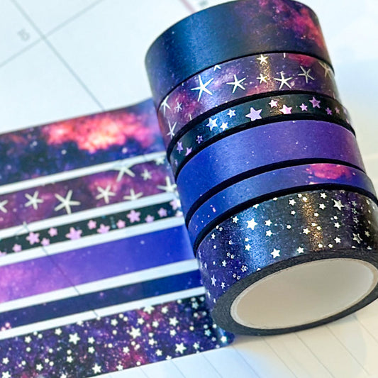FOILED Galaxy Space Purple & Black Stars Celestial Astrology Washi Tape Set (#W011)
