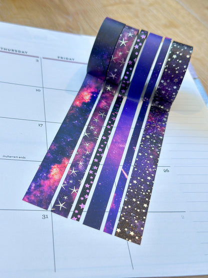 FOILED Galaxy Space Purple & Black Stars Celestial Astrology Washi Tape Set (#W011)