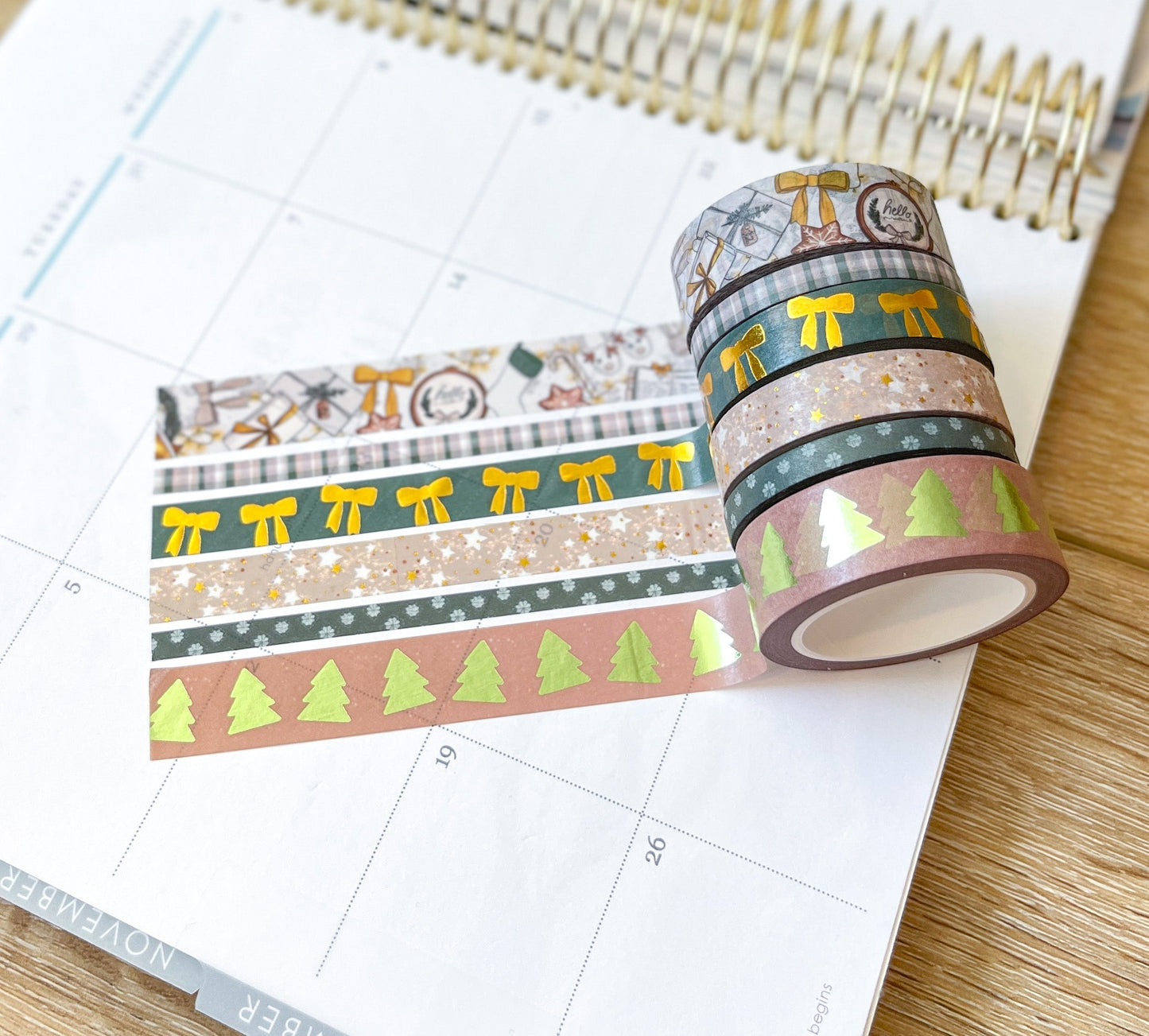 FOILED Christmas Gold & Green Modern Holidays Washi Tape Set (#W072)