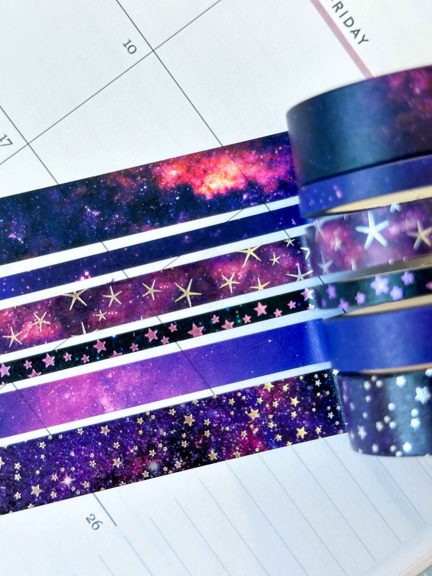 FOILED Galaxy Space Purple & Black Stars Celestial Astrology Washi Tape Set (#W011)