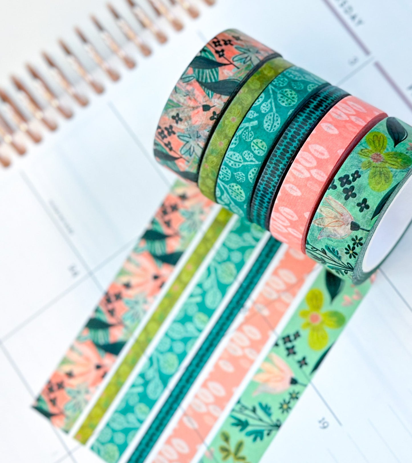 Spring Floral Blue and Green Whimsical Washi Tape Set - W044