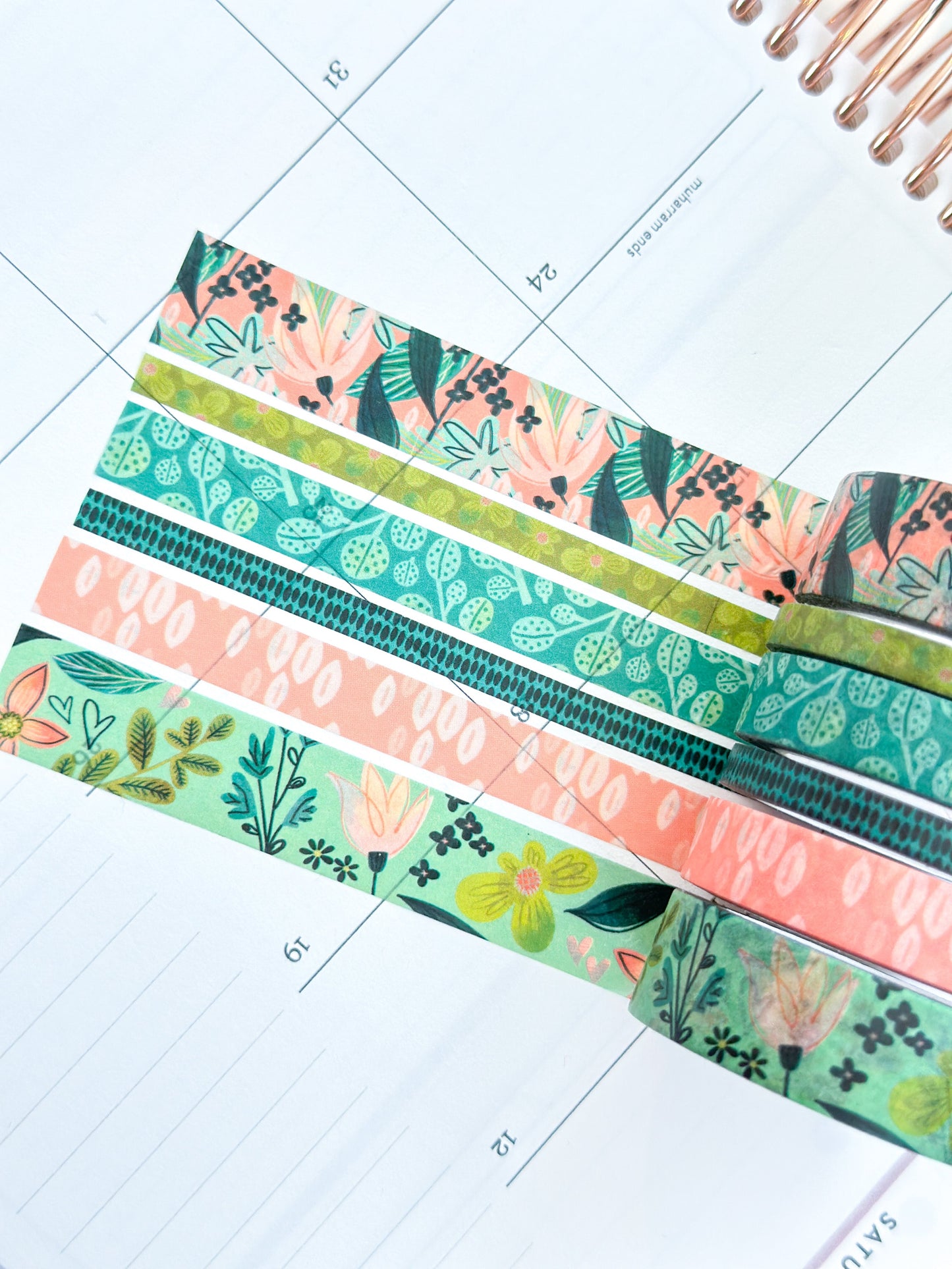 Spring Floral Blue and Green Whimsical Washi Tape Set - W044