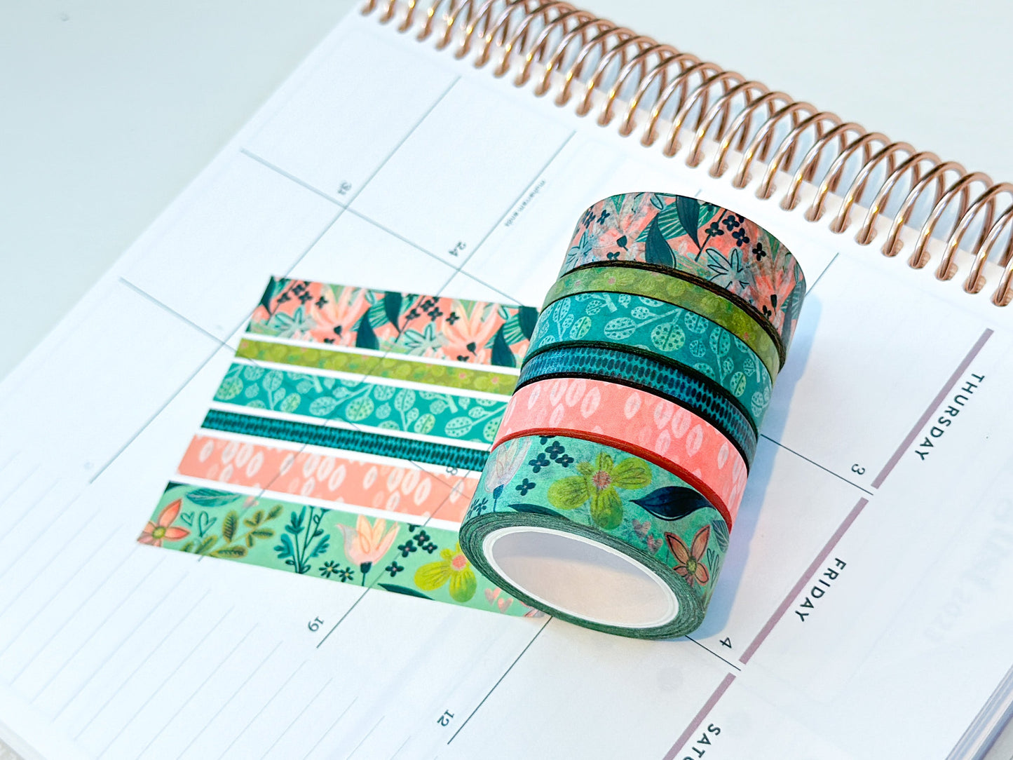 Spring Floral Blue and Green Whimsical Washi Tape Set - W044